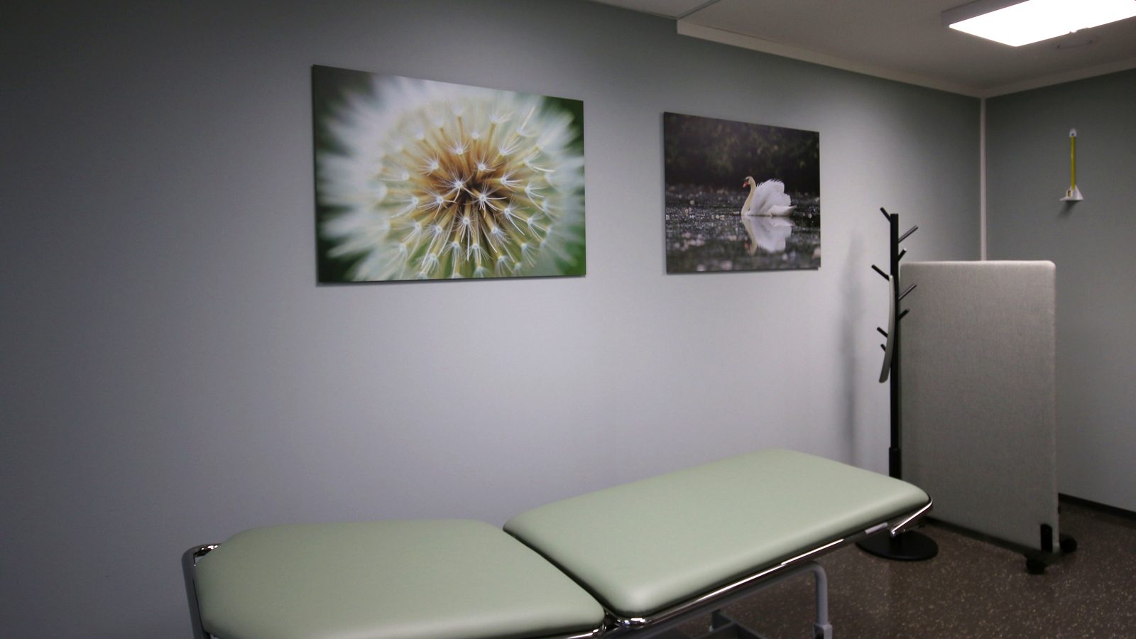 Consultation room at Hotvet Medical Centre with examination couch and wall art